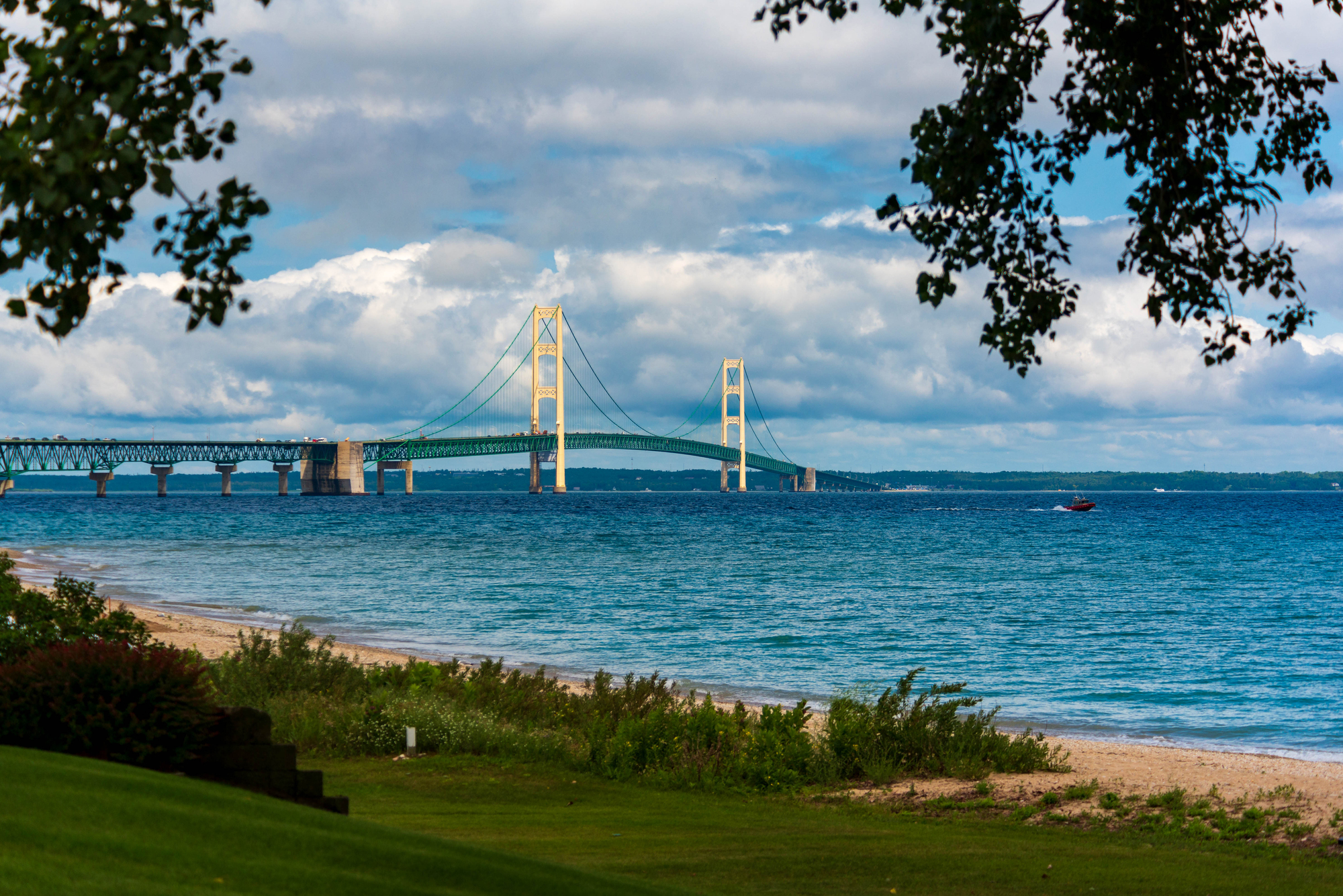 The Mackinac Bridge framed with trees on a summer day.